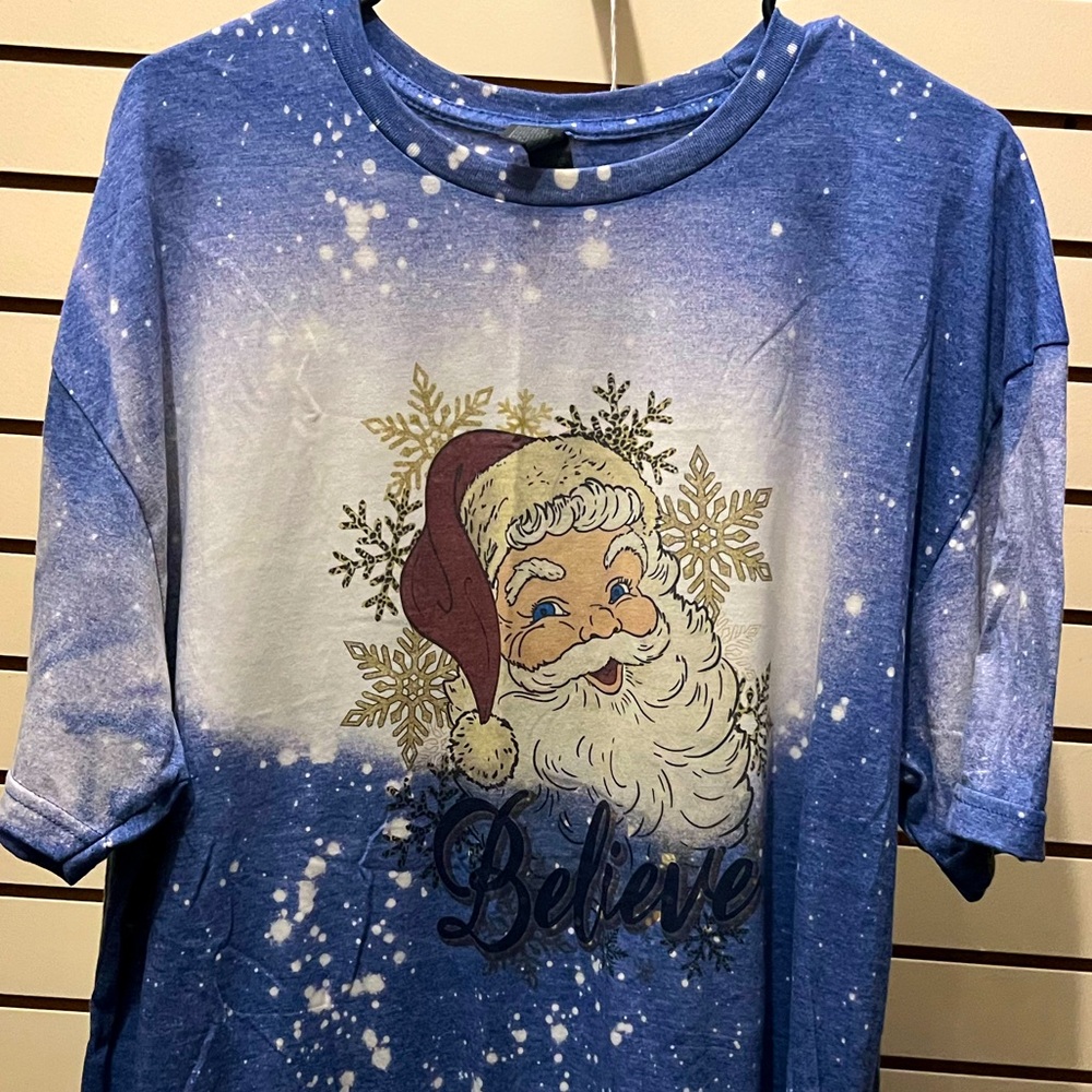 2XL Custom Santa “Believe” Bleached T-Shirt Gildan Softstyle